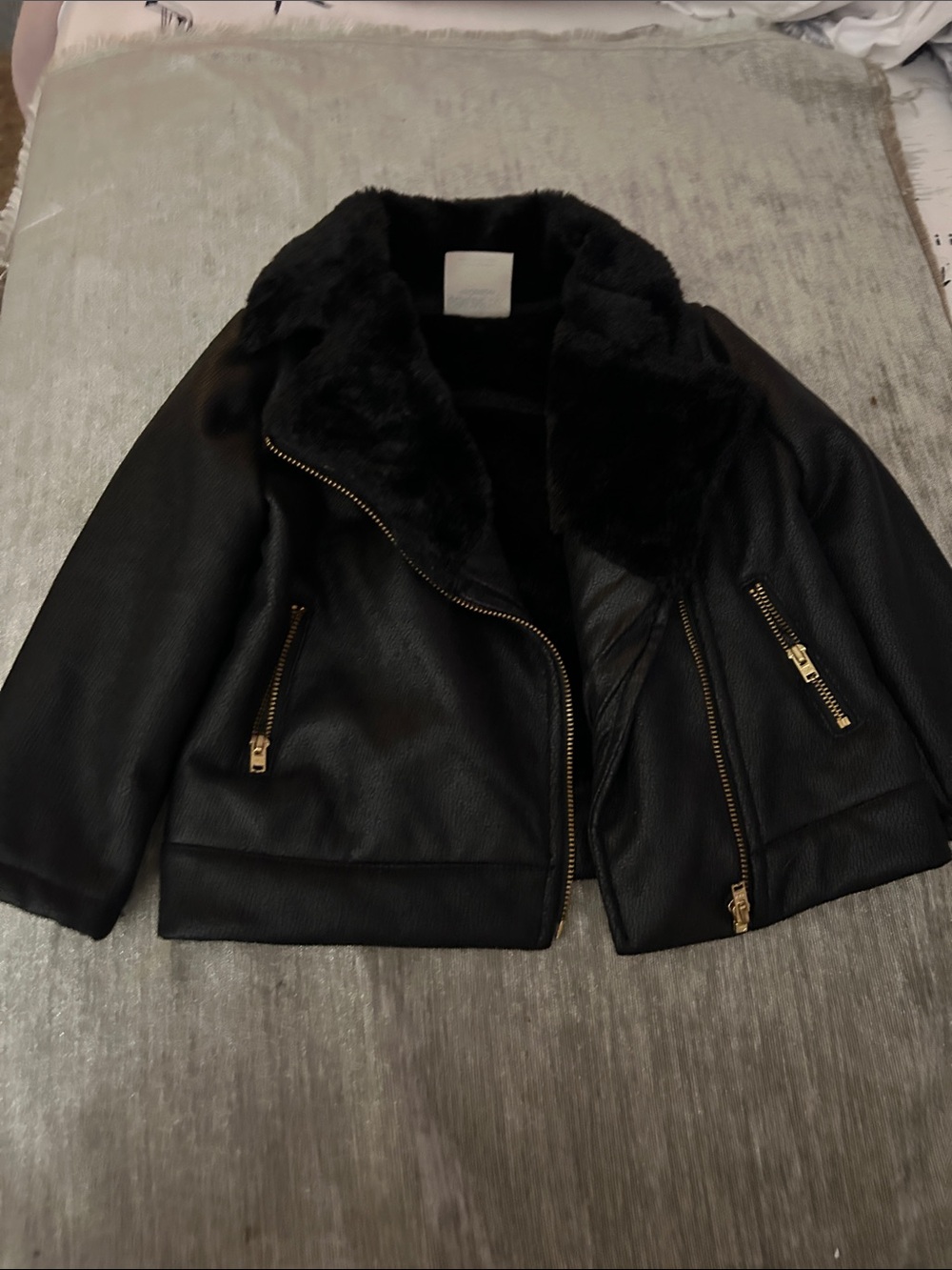 Girls' Black Faux Leather Moto Jacket with Faux Fur Collar